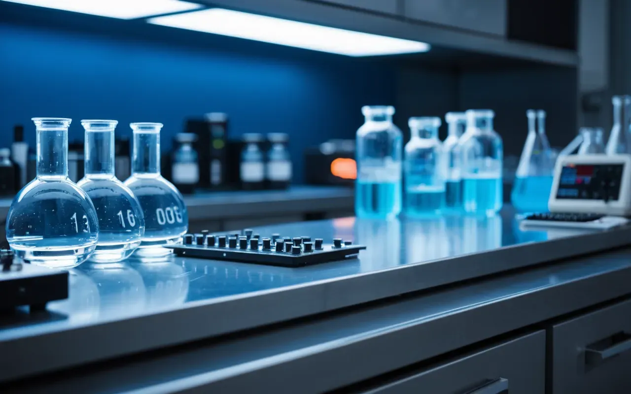 sensitive lab equipment A close-up view of a modern laboratory bench with blurred glassware and electronic instruments under cool blue lighting emphasizing the sensitive nature of scientific equipment without showing any readable data or text on screens.