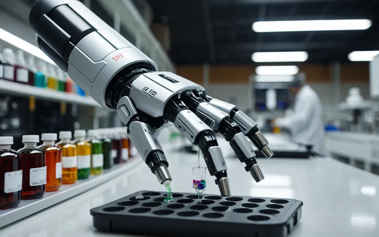 A close up view of a robotic hand with articulated fingers holding a small glass vial. The background is blurred showing rows of colorful chemical bottles in a laboratory setting.