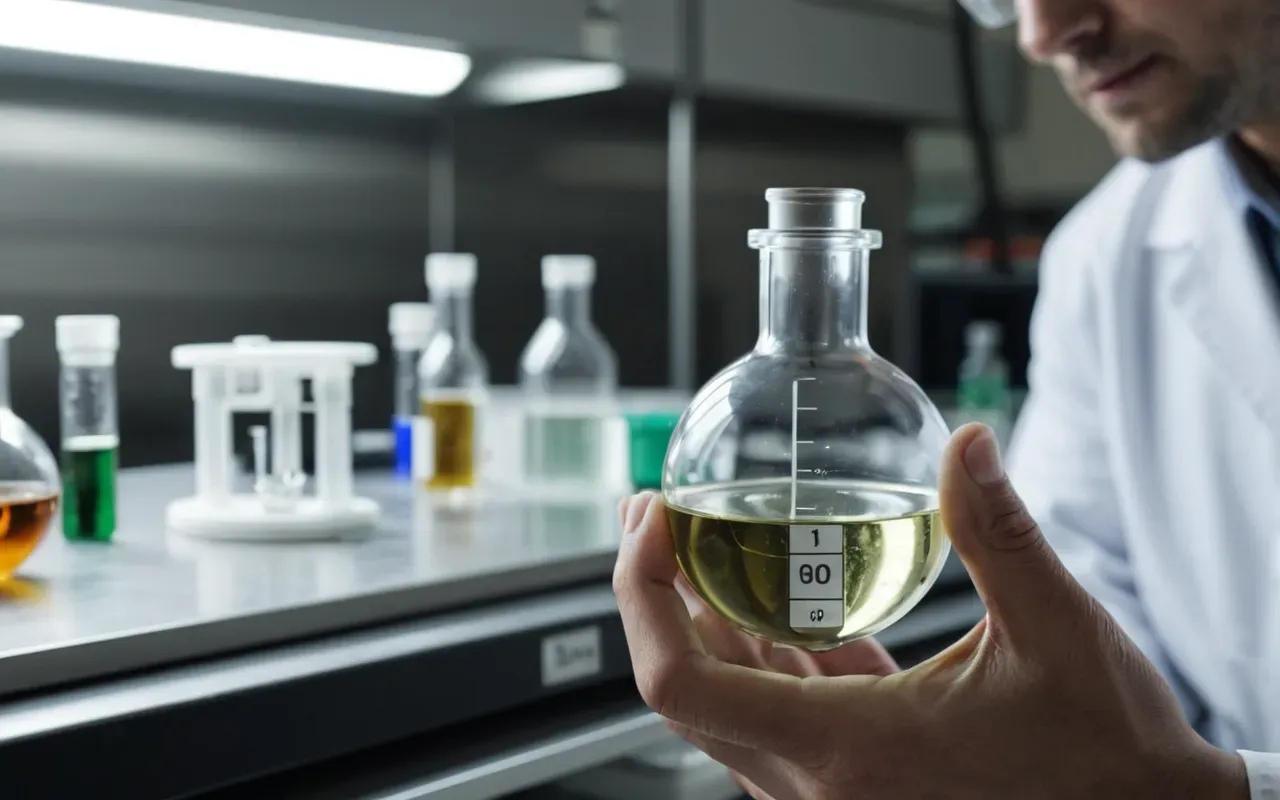chemical research sample handling A close up view of a scientist s hands holding a small glass vial with clear liquid. In the background blurred laboratory equipment is visible including centrifuges and microscopes. The lighting is cool and sterile highlighting the precision required in chemical analysis.