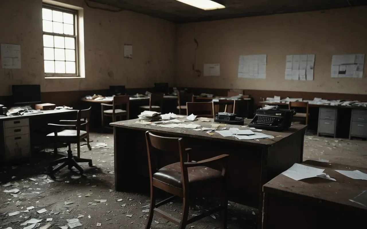 abandoned research office A dimly lit office with empty chairs scattered around a large desk. Papers are strewn across the floor near an open drawer. The room feels abandoned and dusty.