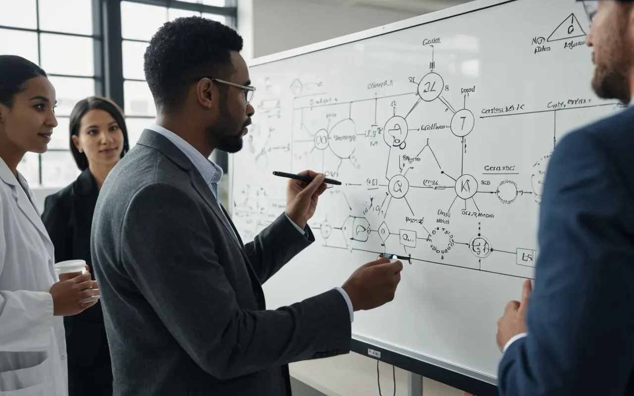 interdisciplinary collaboration A diverse group of scientists collaborating around a large whiteboard filled with hand-drawn diagrams and chemical structures in a well-lit modern office space.