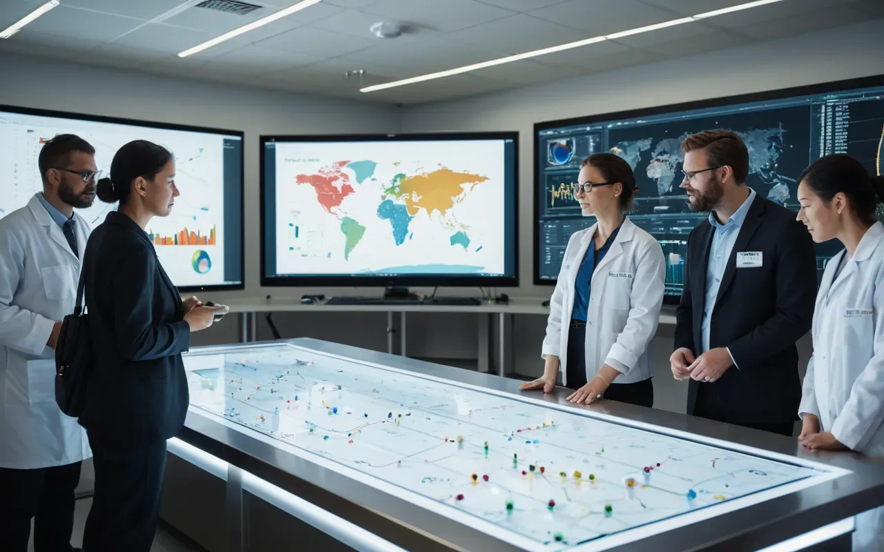 scientific collaboration A diverse group of scientists collaborating around a large digital table displaying complex chemical reaction pathways and data visualizations in a bright modern office environment with natural light from windows.