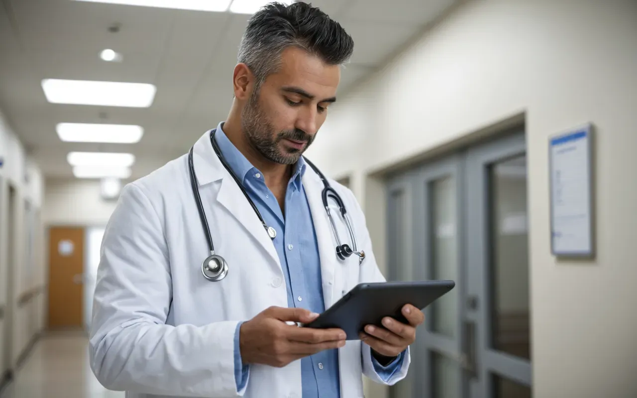 clinical decision making A doctor standing in a modern hospital corridor looking at a tablet device. The lighting is bright and clinical.