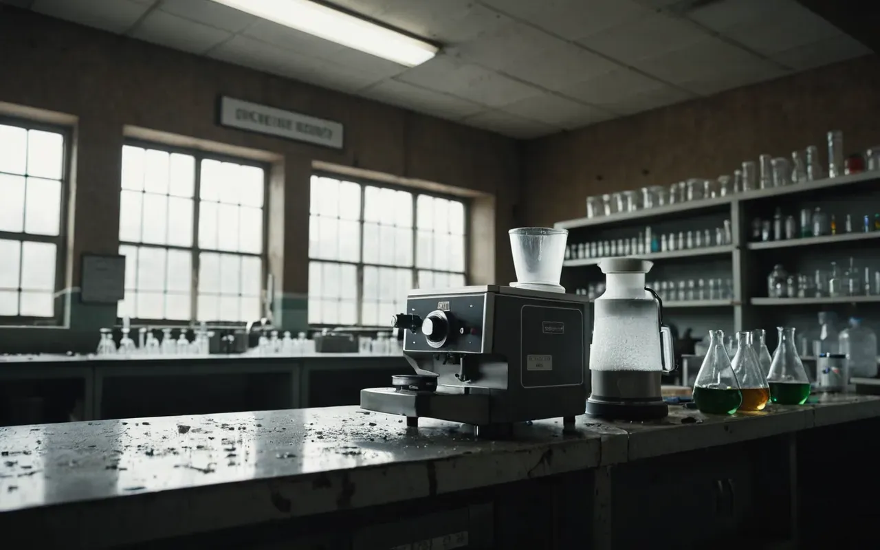 lab equipment decay A dusty university laboratory with idle centrifuges, cracked glassware, and dim overhead lighting, conveying a sense of abandonment and neglect in a modern research facility.