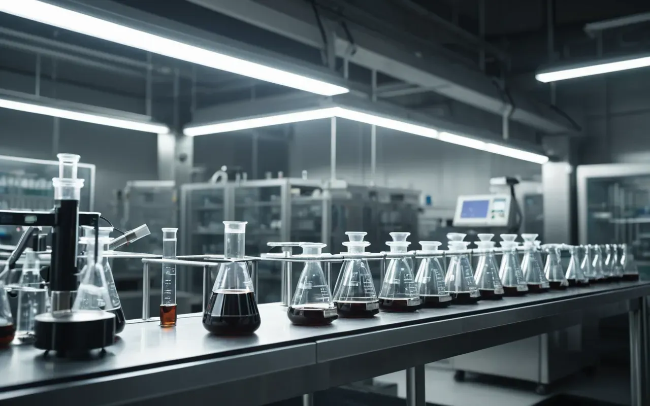 automated lab automation A futuristic automated laboratory setup with robotic arms handling glass beakers and test tubes under bright sterile lighting showing a high level of precision and clean modern design.
