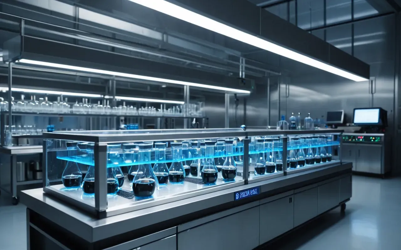 automated chemical synthesis A futuristic automated laboratory with robotic arms moving precisely between glass flasks. The environment is sleek and metallic with cool blue ambient lighting emphasizing the high-tech nature of the facility.