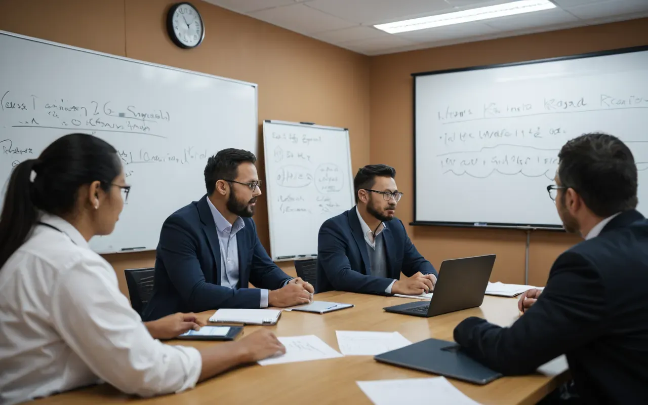 scientific team discussion A group of scientists in a meeting room discussing ideas with laptops open and whiteboard sketches visible.