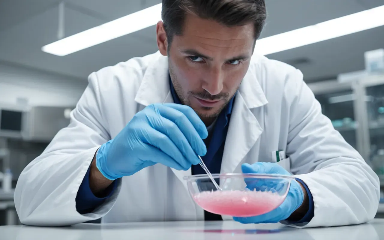 laboratory research environment A laboratory scientist wearing blue protective gloves and a white coat holding a clear petri dish with pink agar under bright sterile lighting in a clean modern lab.