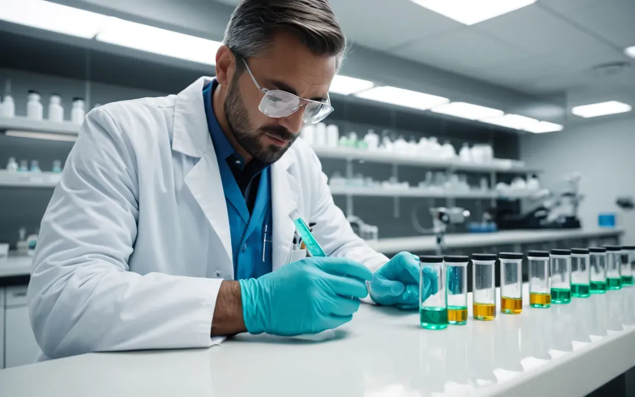 clinical validation A modern clinical laboratory with white surfaces, a scientist in a lab coat inspecting glass vials of liquid under bright fluorescent lighting, sterile atmosphere.
