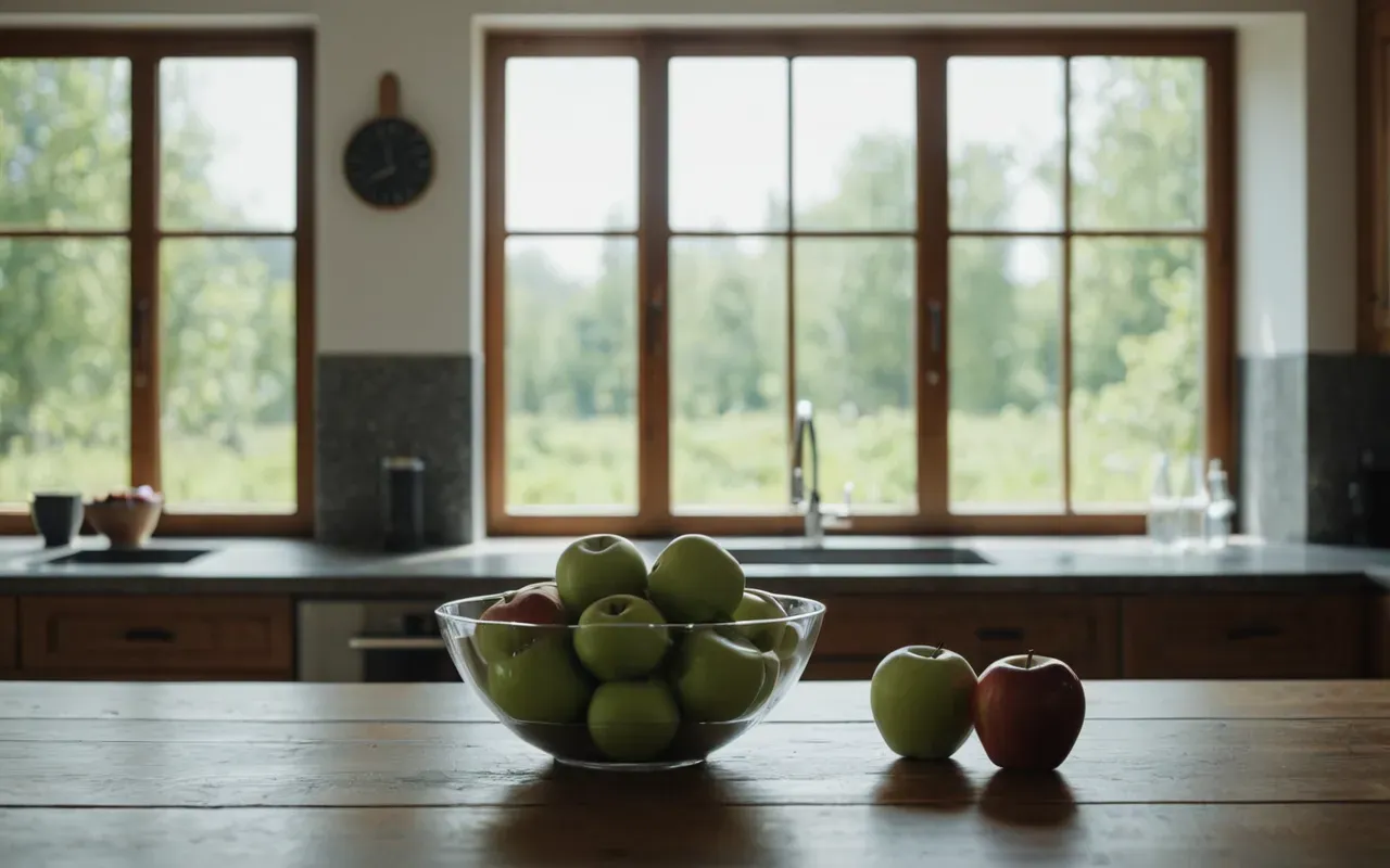 healthy lifestyle environment A modern kitchen scene with a glass of water and a bowl of fresh apples on a wooden table under bright natural daylight from a large window showing green trees outside.
