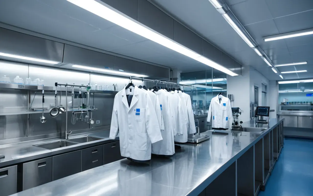 modern lab environment A modern laboratory interior with sleek glass surfaces and white coats hanging on hooks, soft blue ambient lighting reflecting off stainless steel equipment, clean minimalist composition focusing on high-tech scientific instruments.