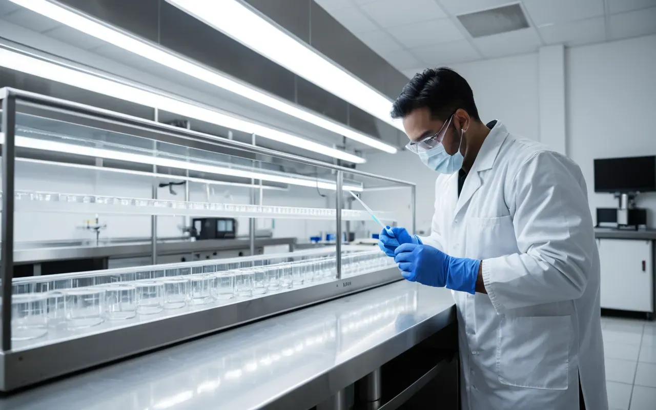 laboratory research setup A modern laboratory scene with a researcher wearing protective gloves observing a clear petri dish under bright white LED lights while stainless steel equipment sits in the background.