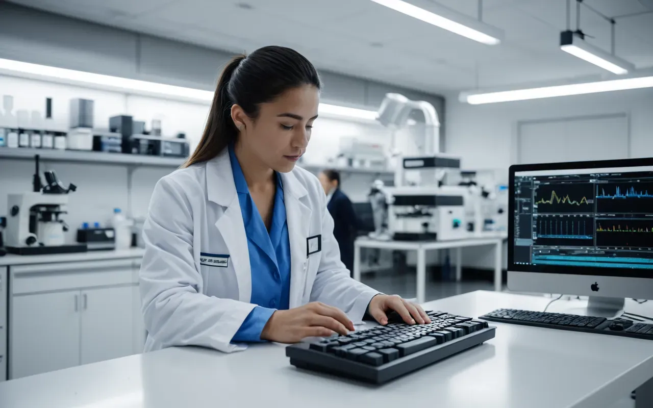 scientific research laboratory A modern laboratory scene with complex scientific equipment on a clean white bench under bright overhead lights. A researcher in a blue lab coat looks at a computer screen filled with colorful data charts. The mood is focused and professional, showing the high-stakes environment of contemporary health research.