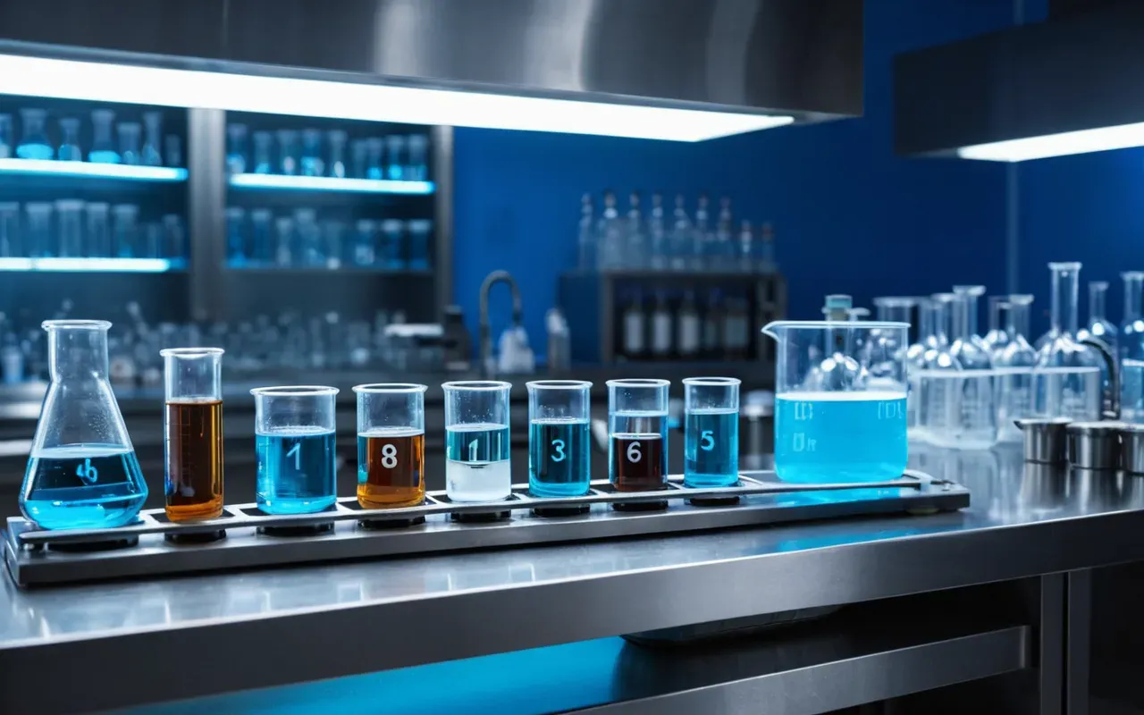 modern lab environment A modern laboratory scene with glass beakers and test tubes on a stainless steel counter illuminated by cool blue lighting.