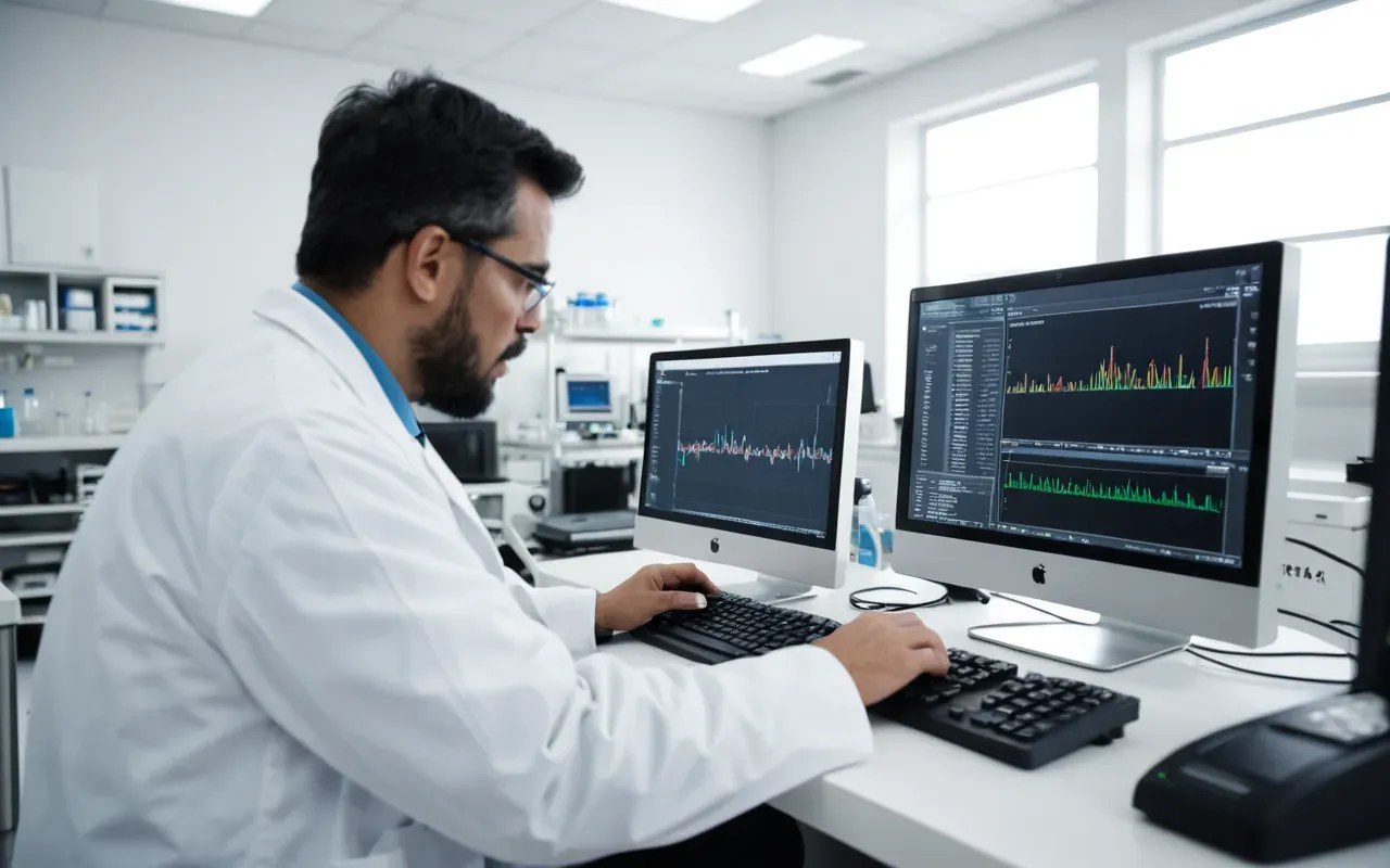 UC Davis research A modern laboratory setting with a scientist analyzing data on a computer screen. The room is clean and white with minimal equipment visible.