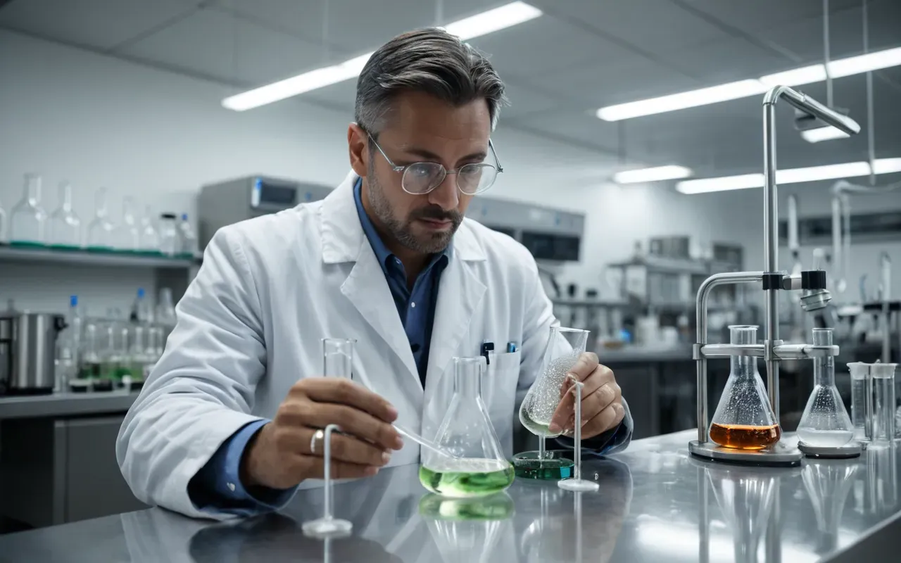 A modern laboratory setting with a scientist in a white coat observing bubbling flasks containing clear liquid, bright overhead lighting reflecting off glass surfaces, clean sterile environment with stainless steel equipment in the background.