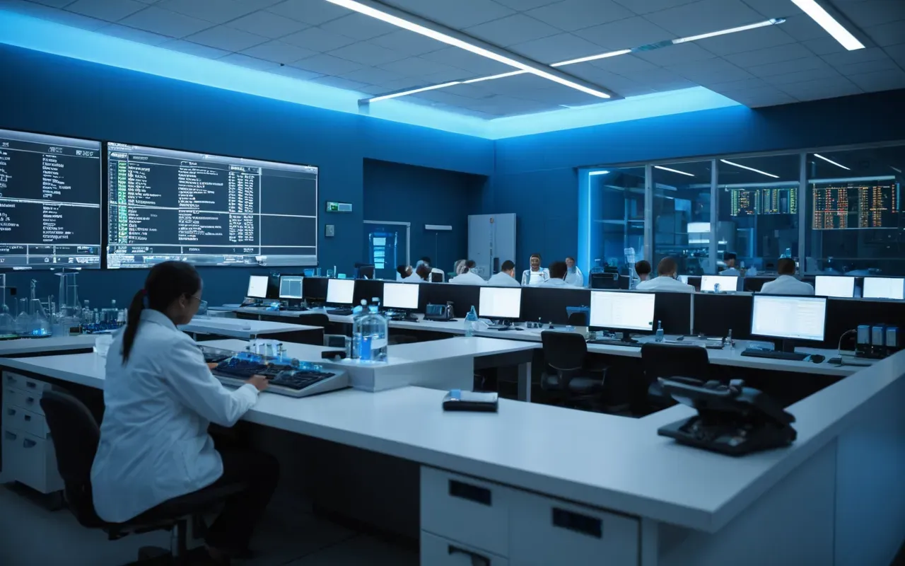 health science labs A modern laboratory with glassware and computers under soft blue lighting showing scientists analyzing data on screens without any text visible.
