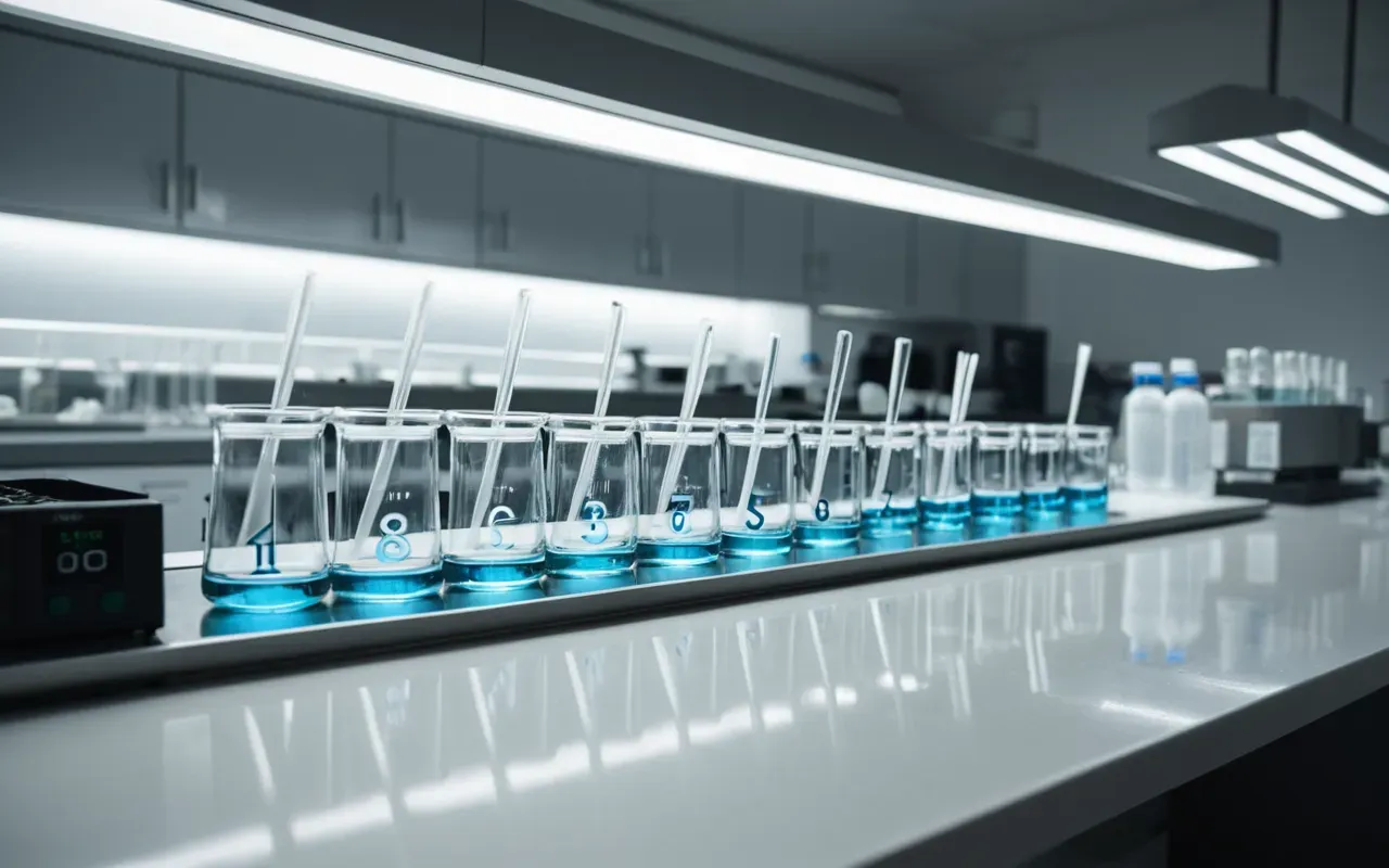 scientific discovery environment A modern laboratory workspace featuring glass beakers and pipettes arranged on a clean white countertop under bright fluorescent lighting with soft shadows indicating early morning research activity.