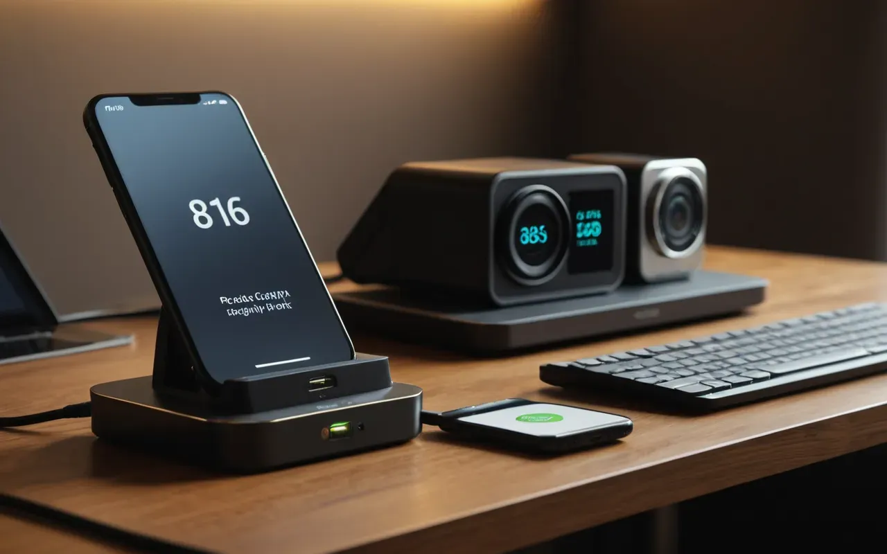 September launch date A modern minimalist desk setup with a smartphone and smartwatch charging dock under warm ambient lighting suggesting an upcoming product launch event atmosphere.