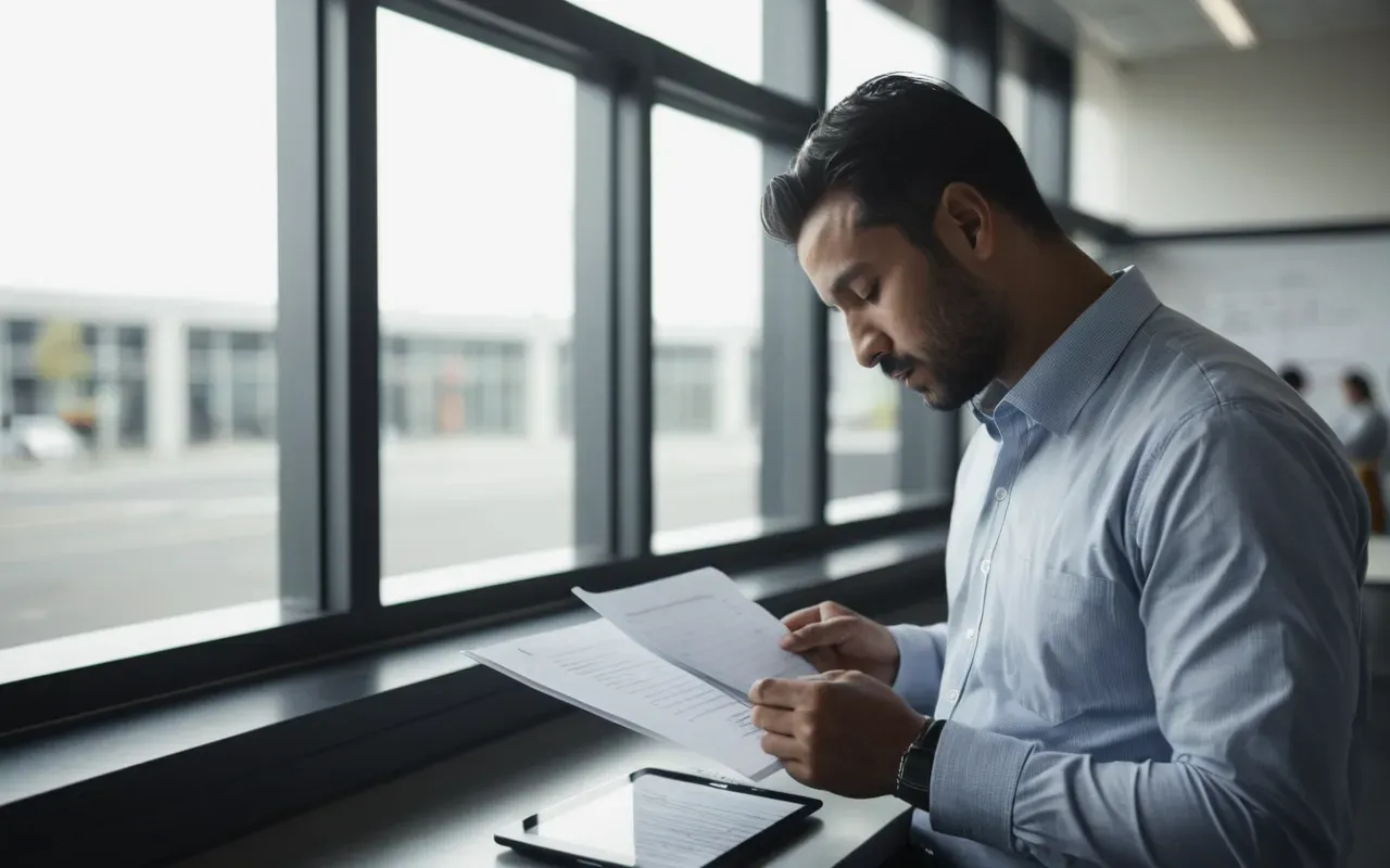 research review process A modern office space with a scientist reviewing papers on a tablet near a window with soft daylight streaming in