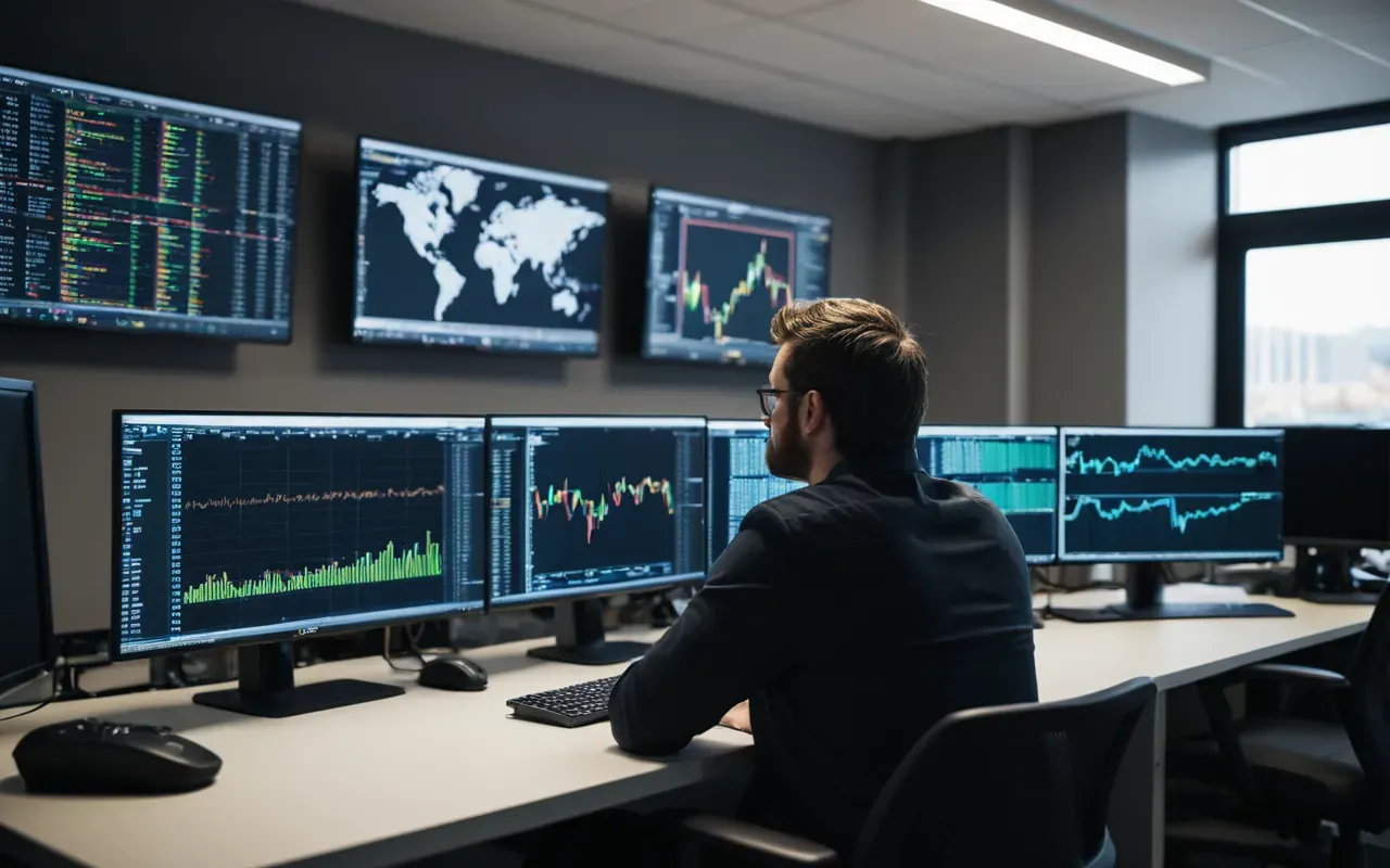 data science environment A modern office space with multiple computer monitors displaying complex code and data visualizations, a person sitting at the desk looking thoughtful, natural light coming from large windows in the background.
