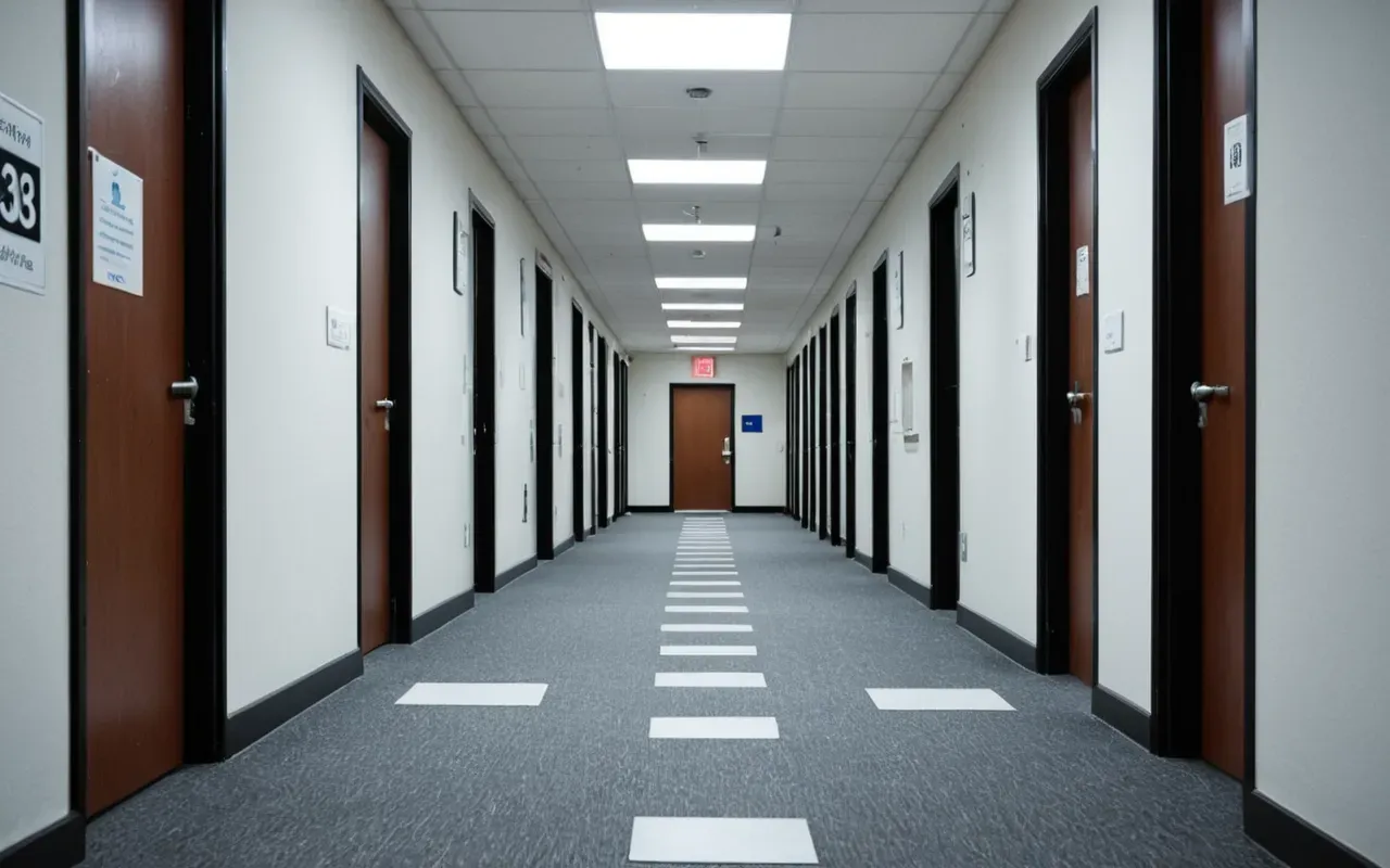academic infrastructure neglect A modern university corridor with empty office doors and scattered papers on the floor, illuminated by cool fluorescent lights to suggest a lack of human activity.