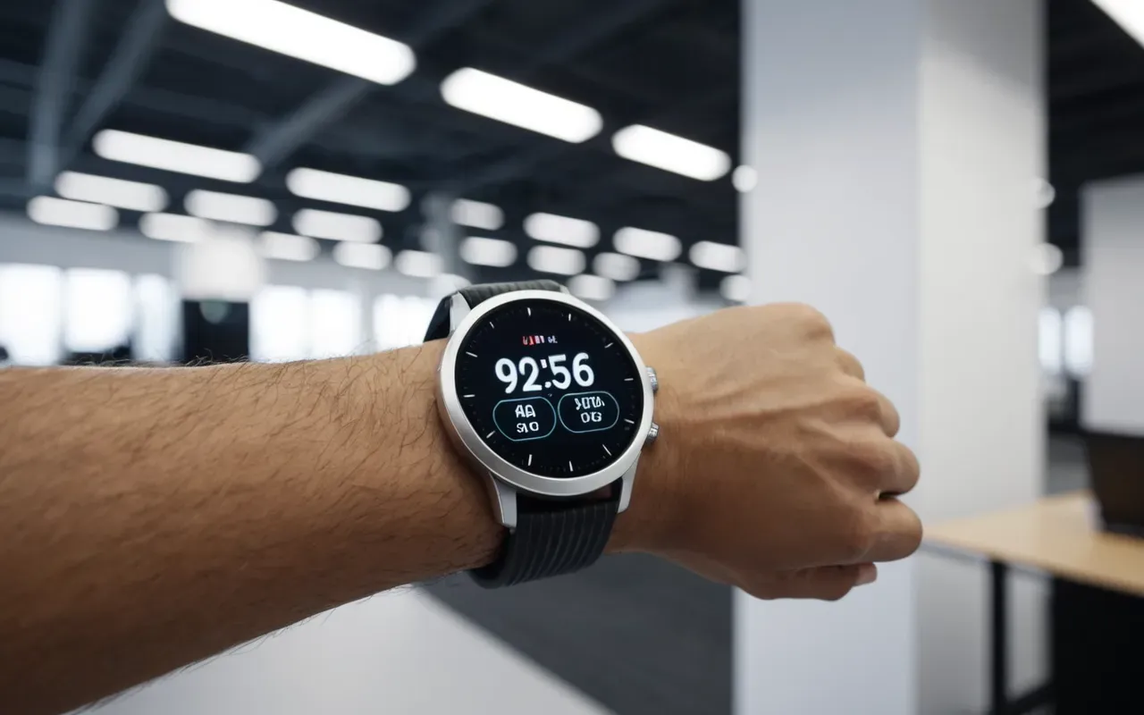 health tracking device A person's wrist wearing a sleek silver smartwatch with a digital heart rate display visible on the screen while walking through a bright modern office space.