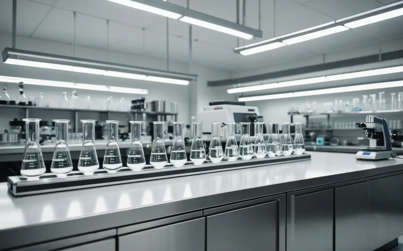 A pristine modern laboratory interior with robotic arms positioned over glass beakers and test tubes. Soft white lighting highlights the clean stainless steel surfaces and organized shelves in the background.