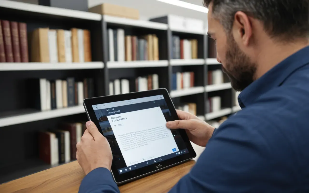 researcher data review A professional researcher reviewing a digital tablet in a bright office setting with hands resting on the device and a blurred background of bookshelves highlighting the importance of careful data handling without displaying any specific text or documents.
