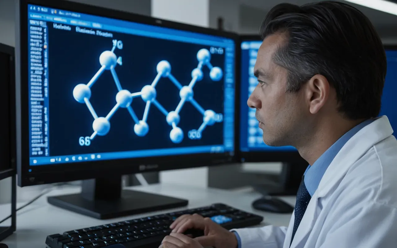 molecular structure analysis A researcher in a white lab coat looking intently at a computer screen displaying complex three-dimensional molecular structures. The room is dimly lit with blue light from the monitor highlighting their focused expression.