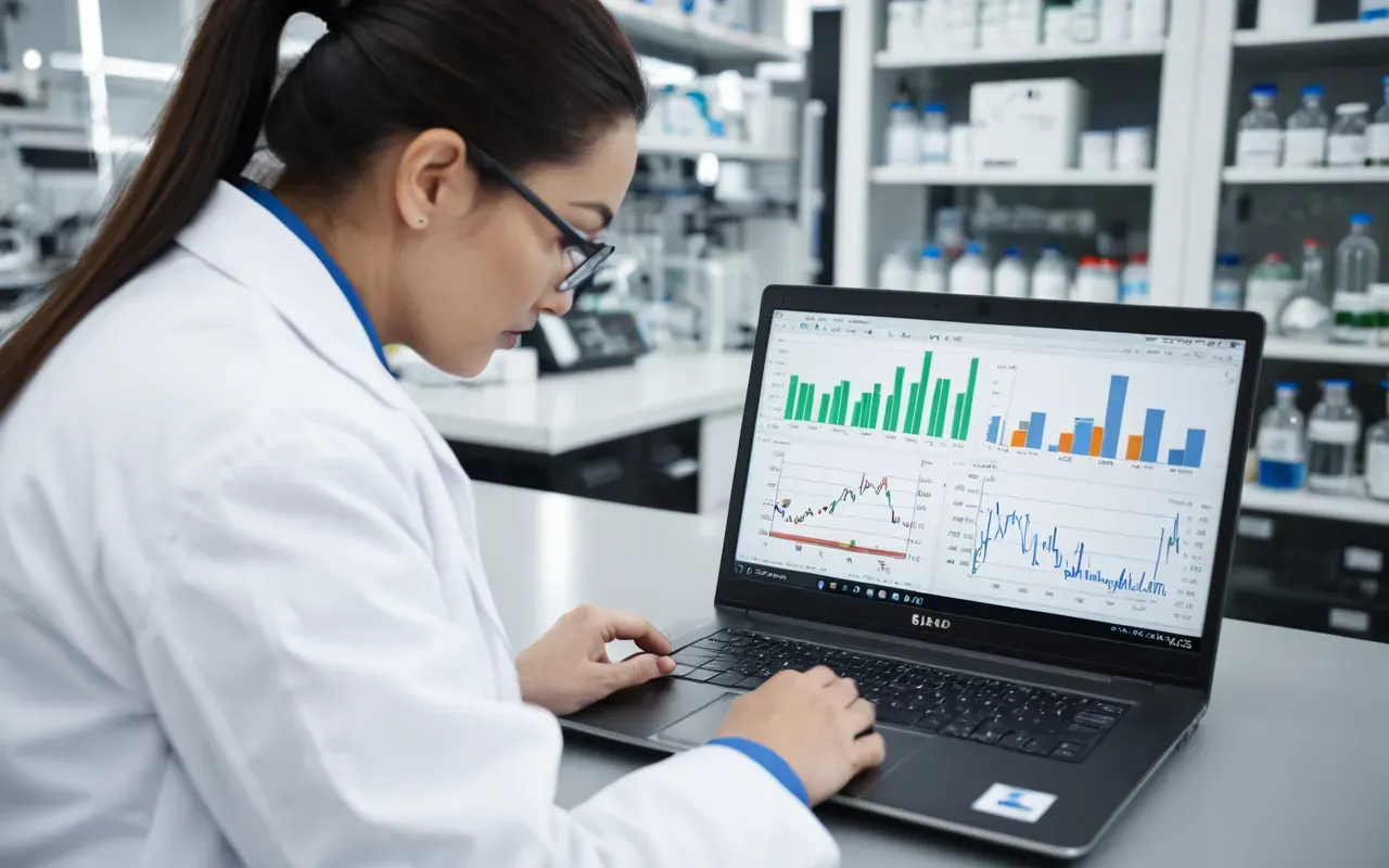 scientific data analysis A scientist in a white coat examining a laptop screen displaying complex data charts and chemical formulas in a bright modern laboratory with shelves of glass bottles visible behind them.