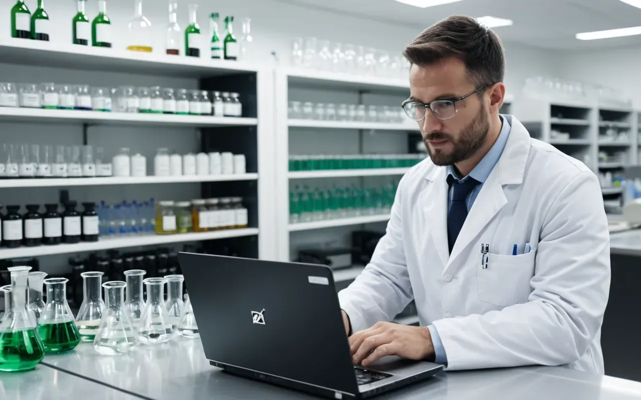 scientist analyzing data A scientist wearing a white lab coat looking at a laptop screen in a bright modern laboratory. The background shows shelves with glass beakers and flasks filled with clear liquids. The mood is focused and serious.