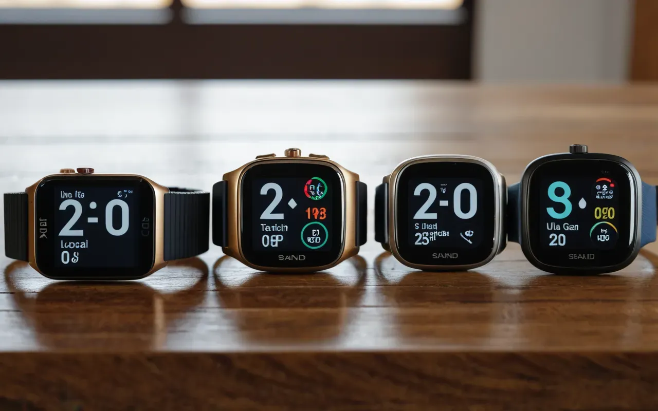 Smart Band 11 lineup A side-by-side comparison of four different smartwatch bands on a clean wooden table showing varied materials including metal ceramic and standard plastic with bright even lighting.