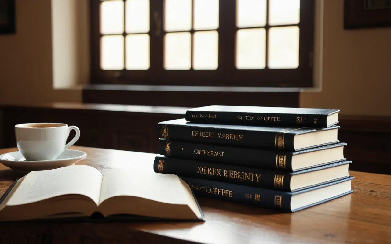 study session environment A stack of thick hardcover books on a wooden desk next to a cup of coffee. The lighting is warm and natural from a nearby window. A pen rests on top of the books suggesting active study.