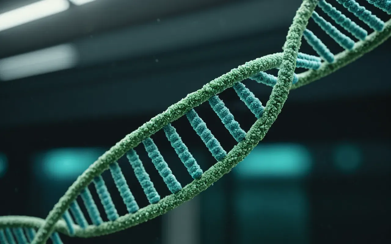 health technology integration A symbolic representation of a DNA double helix interacting with a digital network structure. The image uses soft green and blue tones to convey health and technology integration in a clean abstract style.