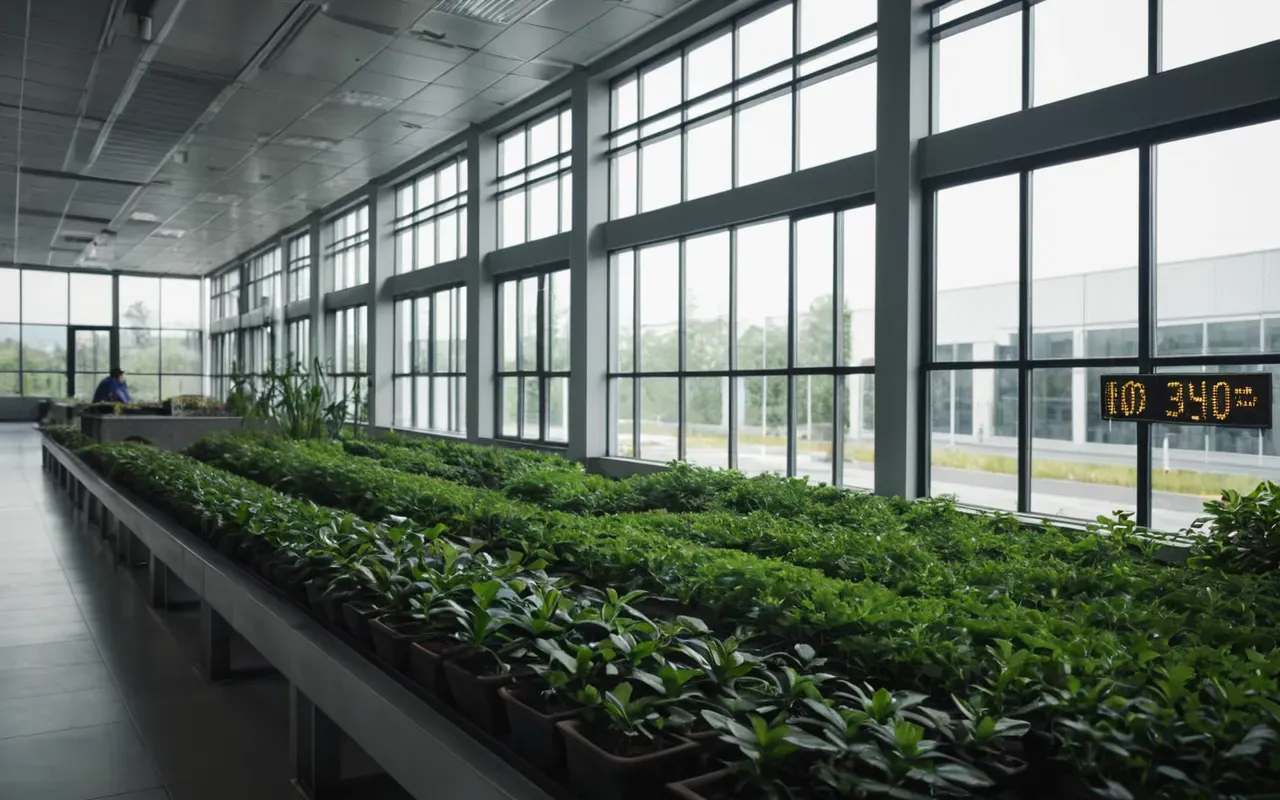 research facility interior A wide shot of a modern research facility with large windows and green plants inside showing a calm professional atmosphere.