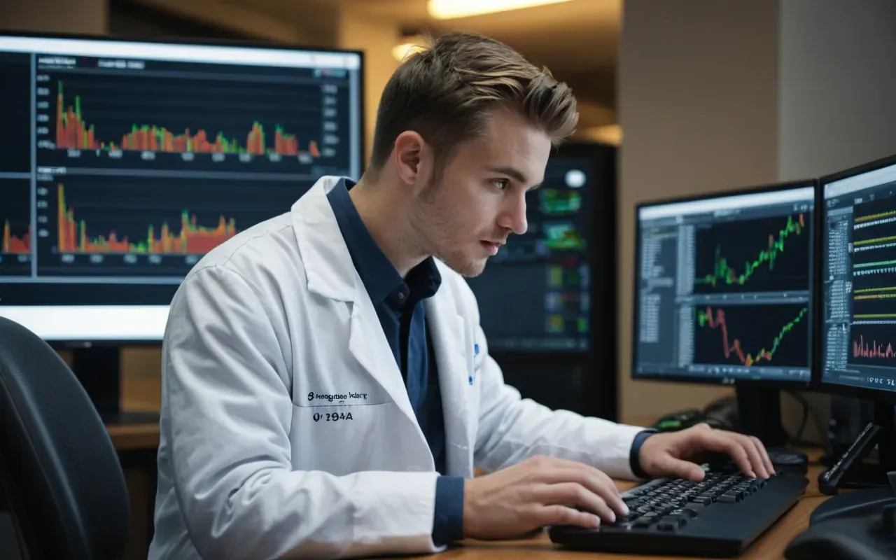young scientist working A young scientist in a white lab coat looking at data on a computer screen with focused expression and warm office lighting.