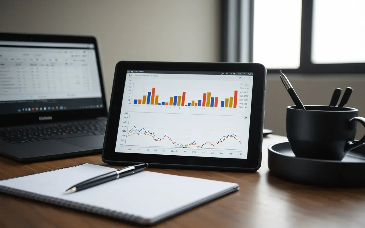 Clean editorial still life of a modern workspace with a tablet displaying abstract scientific data charts and graphs placed next to a notebook and pen on a light wood desk under soft natural daylight from a window