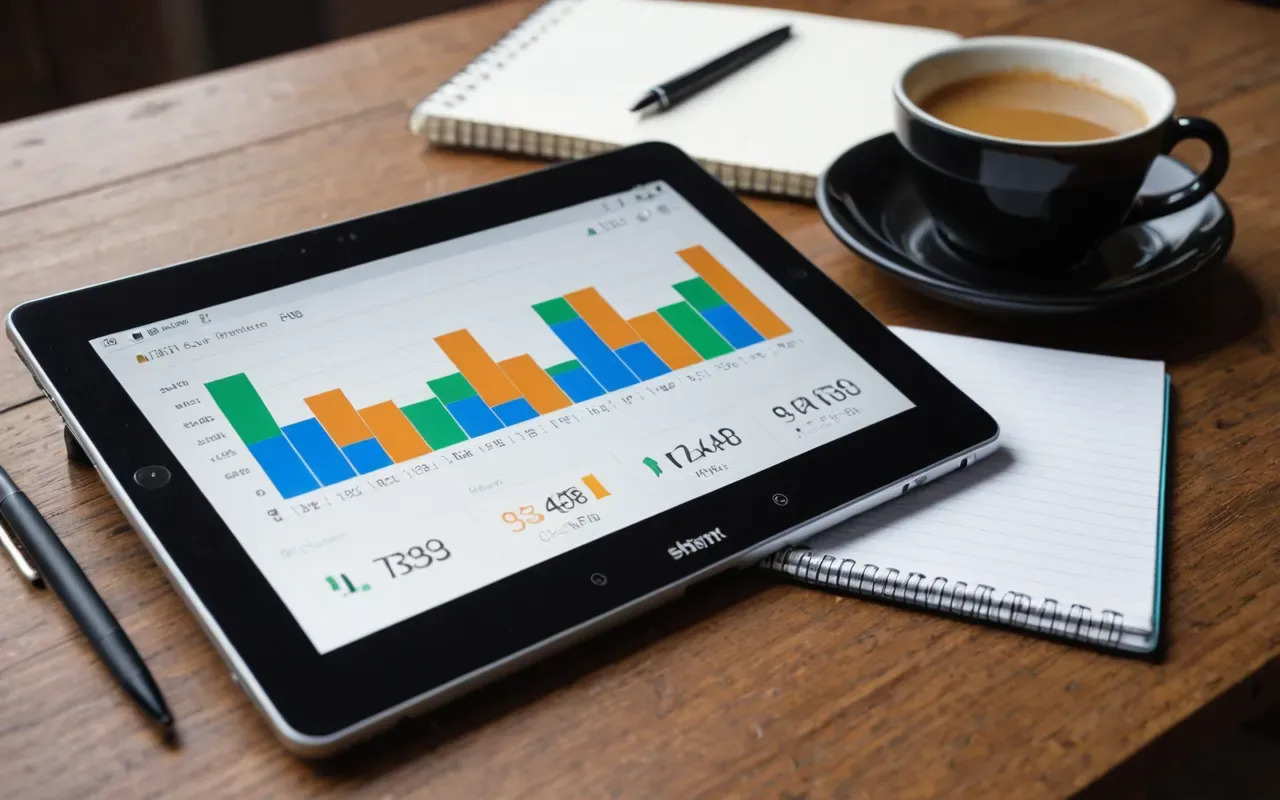 academic visual communication Clean editorial still life of a tablet displaying colorful data charts next to a notebook and pen on a light wooden desk surface with soft shadows