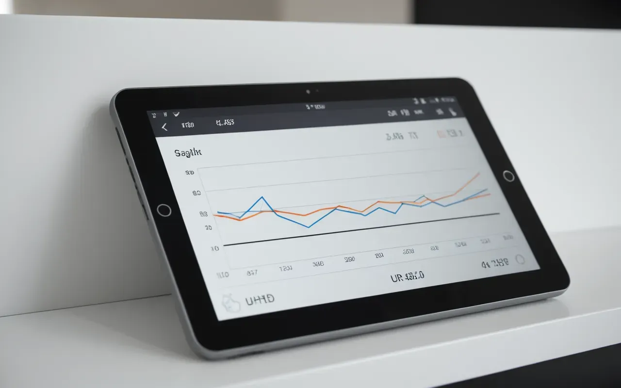 digital design tools Close up of a modern digital tablet displaying abstract geometric shapes and simple line graphs in muted tones on a clean white surface with soft shadows