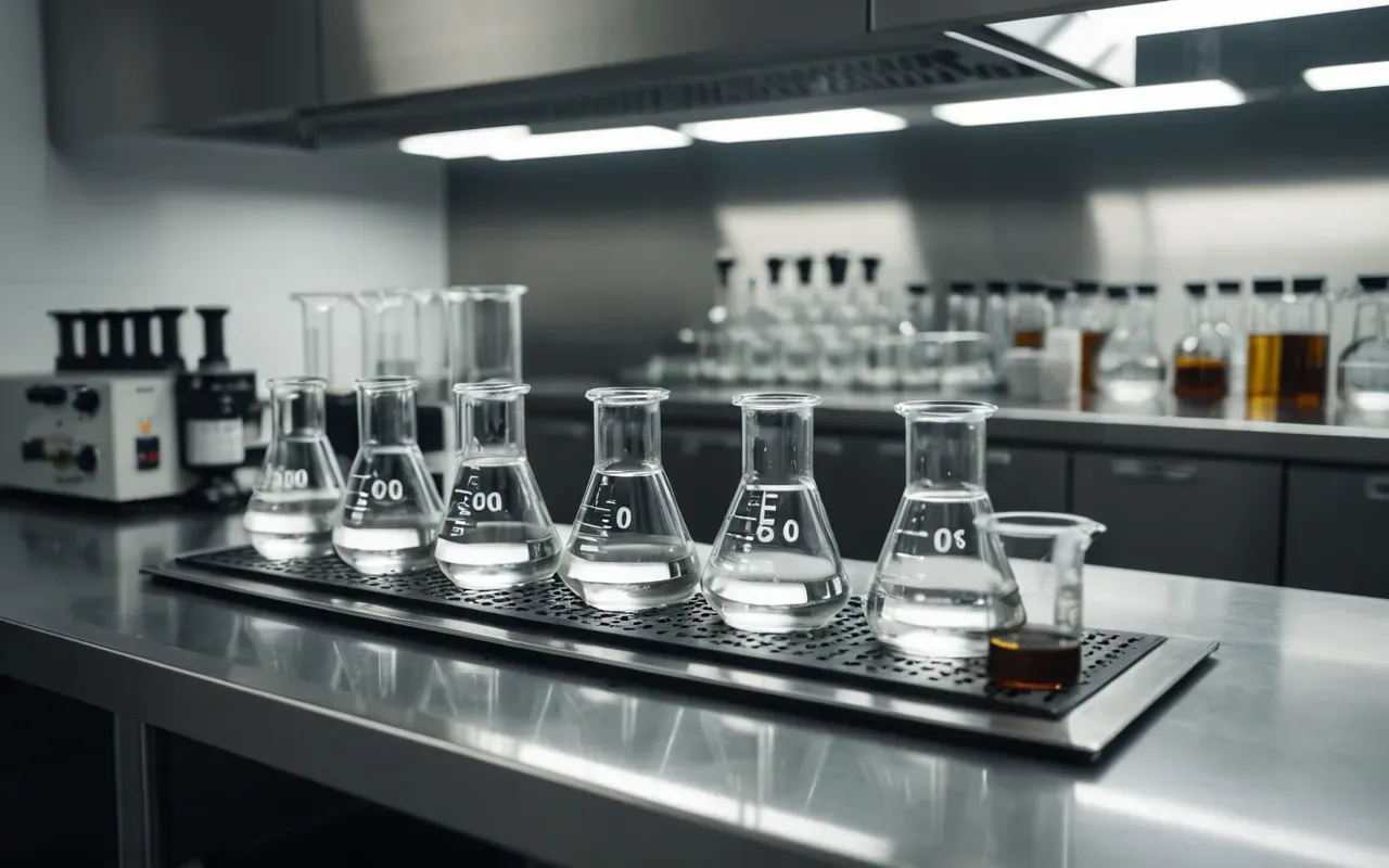 laboratory purity testing Close-up of a modern laboratory bench with glass beakers containing clear liquids, stainless steel equipment, soft diffused lighting, clean editorial style