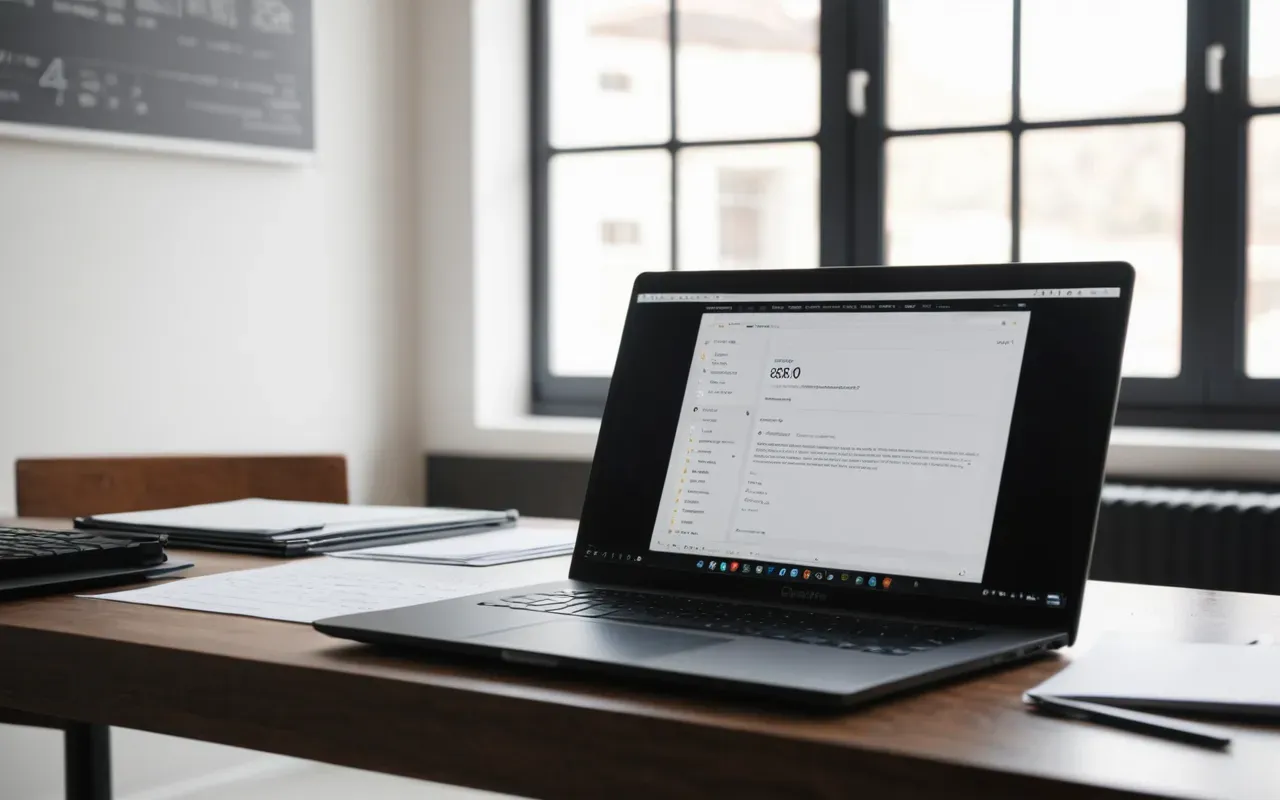 scientific design Close up of a modern minimalist desk with a laptop showing abstract geometric diagrams and a stack of printed papers, soft natural light from a window on the left
