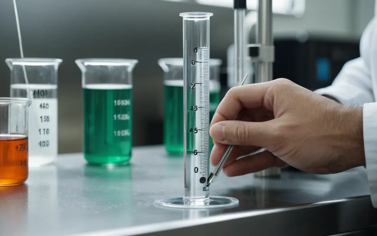polymers Close-up of a researcher's hands carefully measuring liquid into a graduated cylinder in a clean modern laboratory setting, shallow depth of field, soft diffused lighting