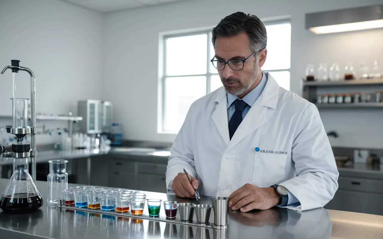 scientific researcher Close-up of a scientist in a clean white lab coat standing at a modern stainless-steel workbench with glass beakers and polymer samples, soft cool daylight from large windows, shallow depth of field