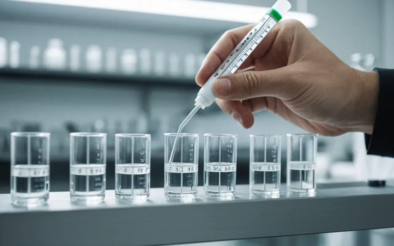 laboratory precision technique Close-up of a scientist's hand holding a pipette over a clear test tube in a bright modern lab, shallow depth of field, professional lighting