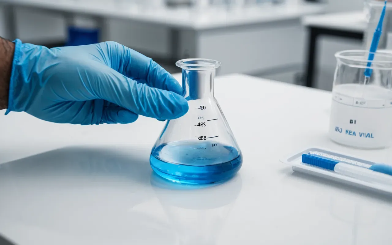 polymer research samples Close-up of a scientist's hands in blue nitrile gloves holding a small clear glass vial containing a translucent polymer sample against a clean white laboratory background with soft diffused lighting and shallow depth of field