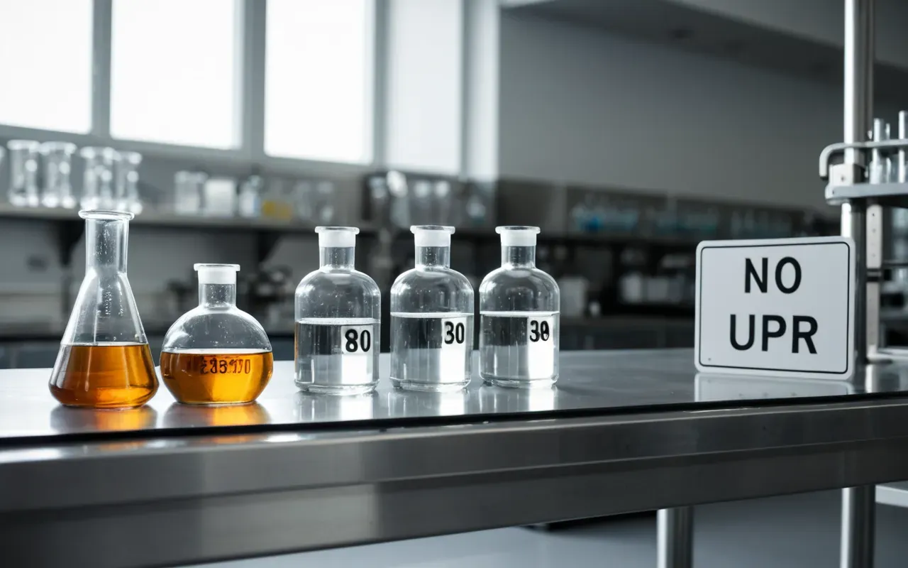 laboratory equipment cleanliness standards Close-up of clean laboratory glassware arranged neatly on a stainless steel bench top, bright even lighting, professional scientific photography style