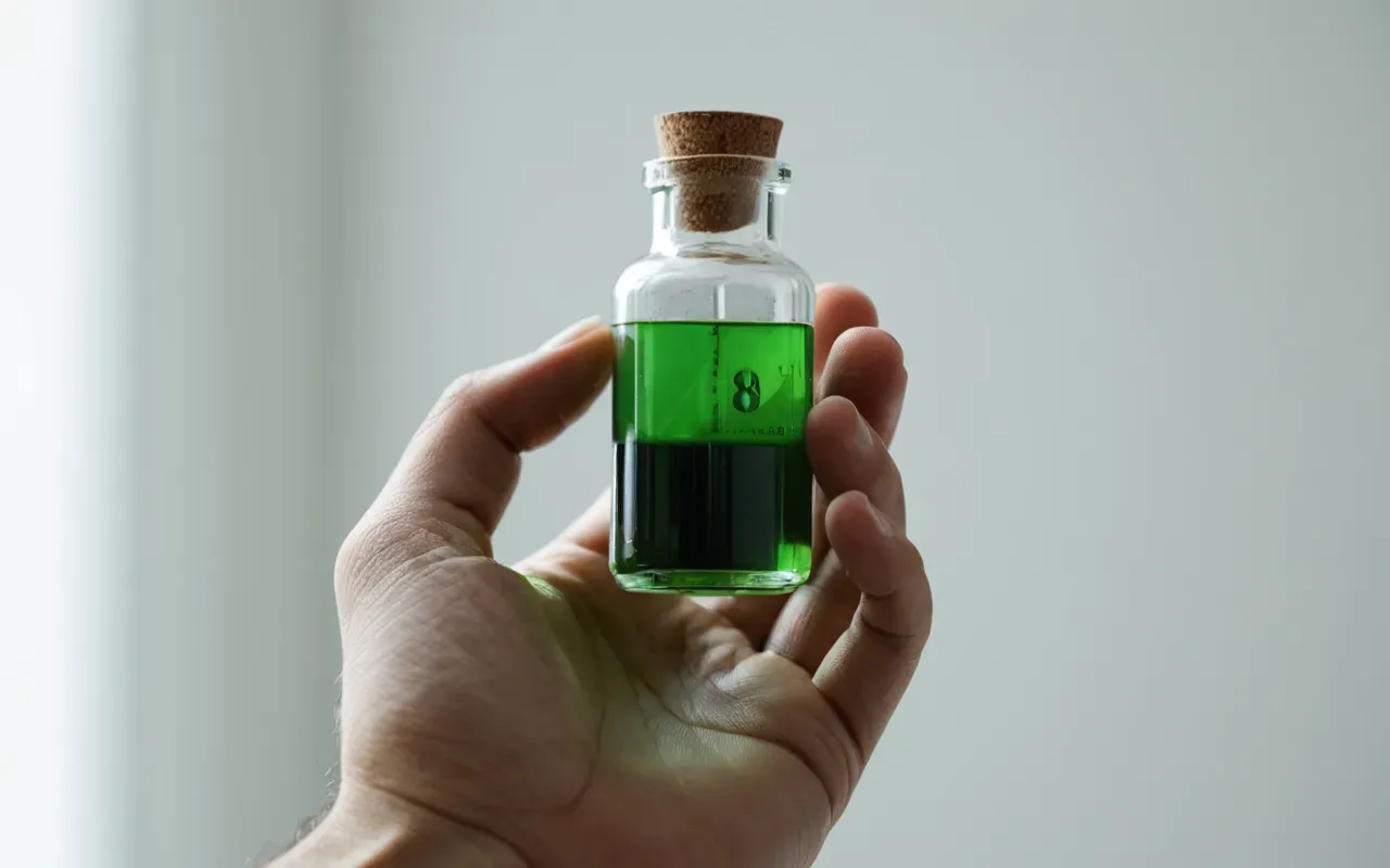 natural product efficacy testing Close-up of hands holding a small vial of green liquid against a bright white background with soft diffused lighting and sharp focus on the transparent glass container details
