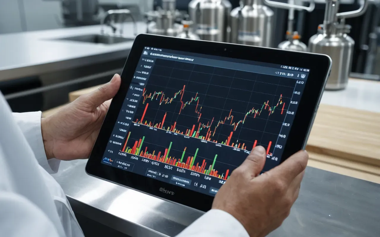 Close-up of hands holding a tablet computer displaying complex data visualization charts and graphs in a modern laboratory setting with stainless steel equipment blurred in the background under cool clinical lighting