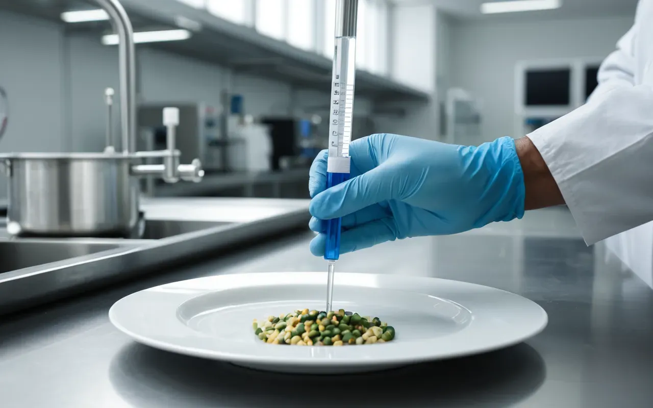 lab equipment Close-up photograph of a gloved hand holding a pipette over a multi-well plate in a clean modern laboratory with soft natural light and stainless steel surfaces